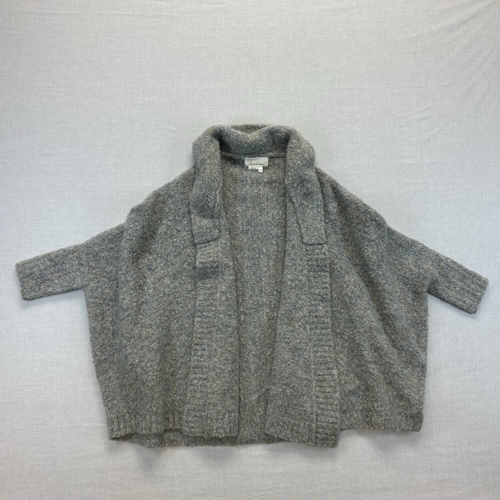 Anthropologie Short Sleeve Mock Cardigan Gray Wool Knit Oversize Open Sweater OS